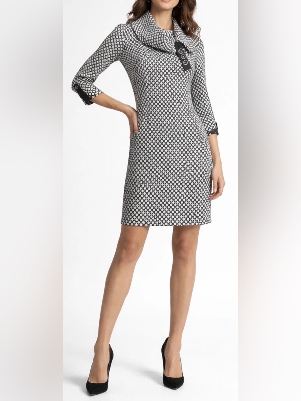 Joseph Ribkoff Black and White Geometric Funnel-Neck Dress Size 10